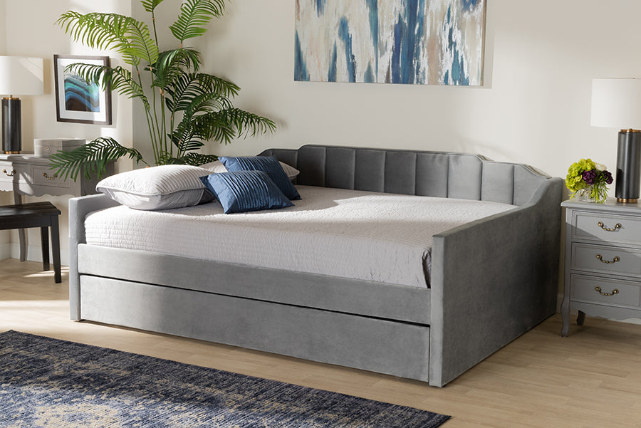 Lennon Modern and Contemporary Grey Velvet Fabric Upholstered Full Size Daybed with Trundle