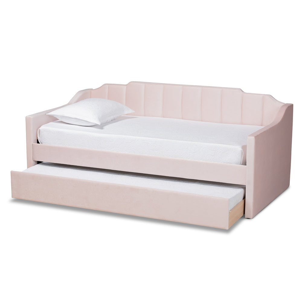 Lennon Modern and Contemporary Pink Velvet Fabric Upholstered Twin Size Daybed with Trundle
