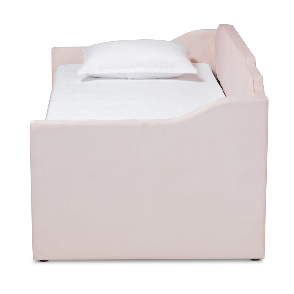 Lennon Modern and Contemporary Pink Velvet Fabric Upholstered Twin Size Daybed with Trundle