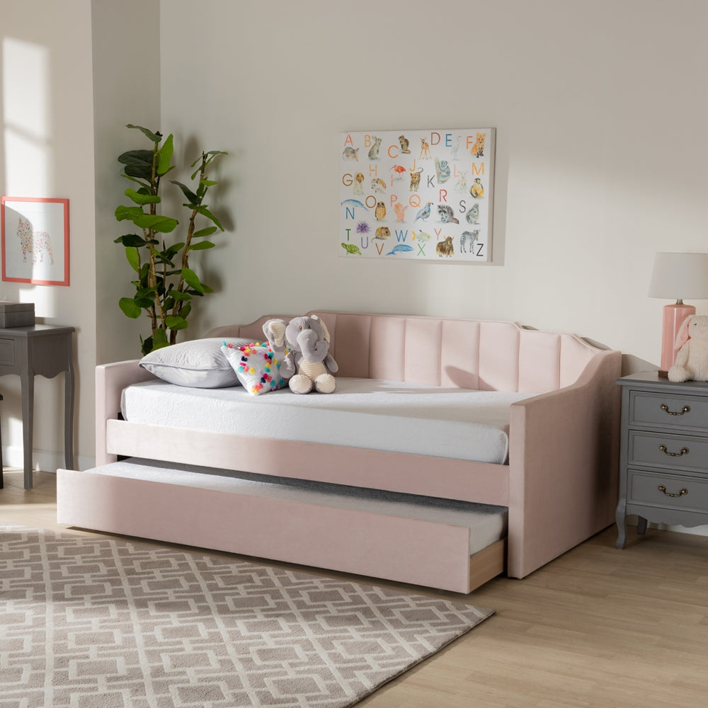 Lennon Modern and Contemporary Pink Velvet Fabric Upholstered Twin Size Daybed with Trundle