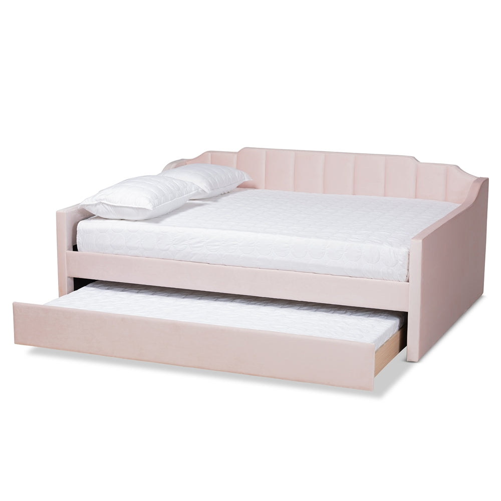 Lennon Modern and Contemporary Pink Velvet Fabric Upholstered Full Size Daybed with Trundle