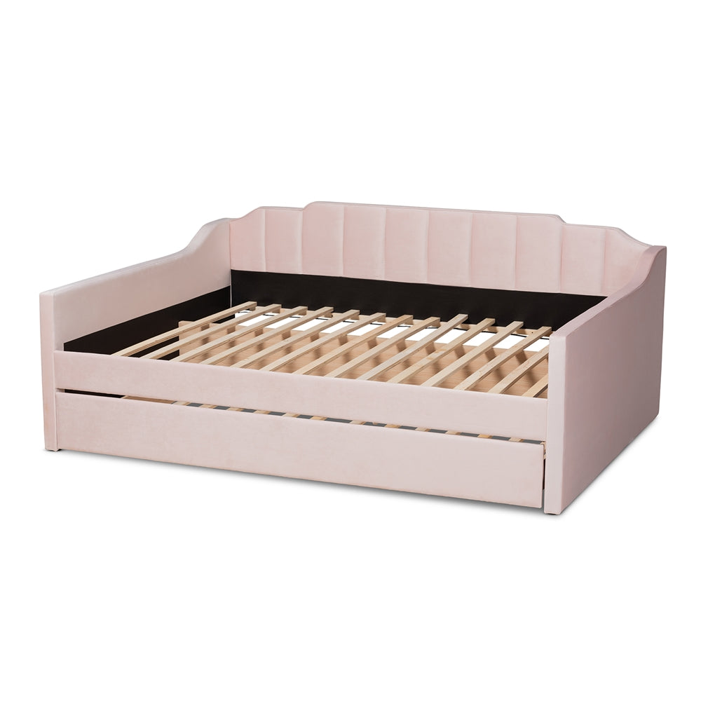 Lennon Modern and Contemporary Pink Velvet Fabric Upholstered Full Size Daybed with Trundle
