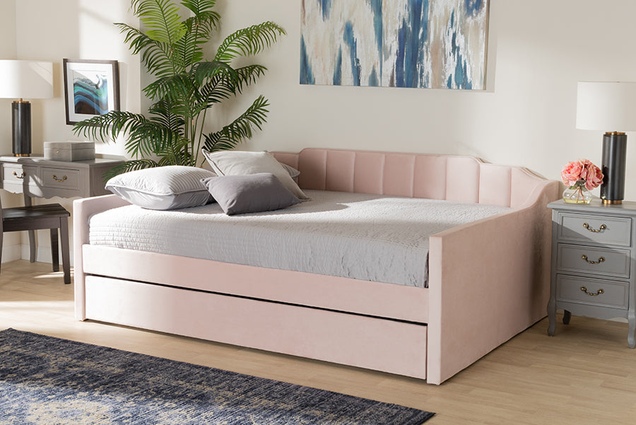 Lennon Modern and Contemporary Pink Velvet Fabric Upholstered Full Size Daybed with Trundle