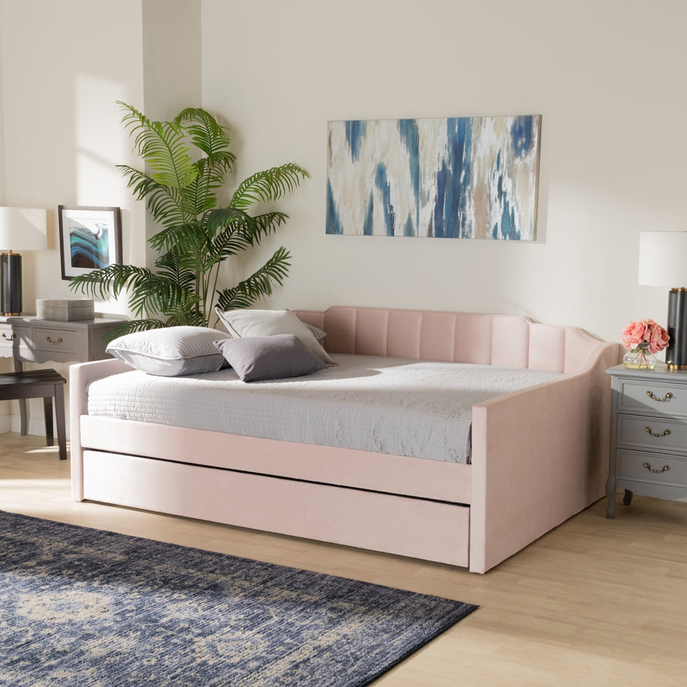 Lennon Modern and Contemporary Pink Velvet Fabric Upholstered Full Size Daybed with Trundle