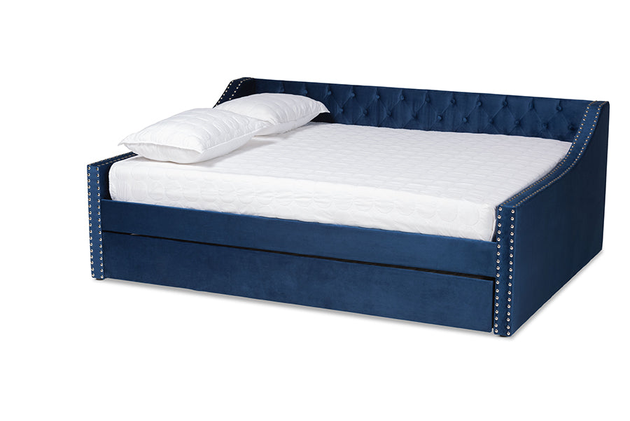 Raphael Modern and Contemporary Navy Blue Velvet Fabric Upholstered Queen Size Daybed with Trundle