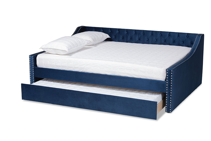 Raphael Modern and Contemporary Navy Blue Velvet Fabric Upholstered Queen Size Daybed with Trundle