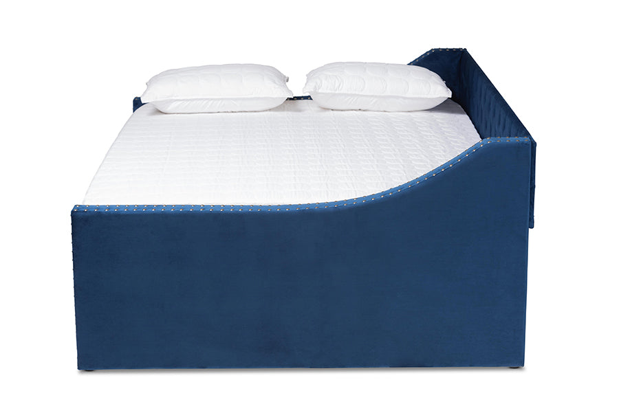 Raphael Modern and Contemporary Navy Blue Velvet Fabric Upholstered Queen Size Daybed with Trundle