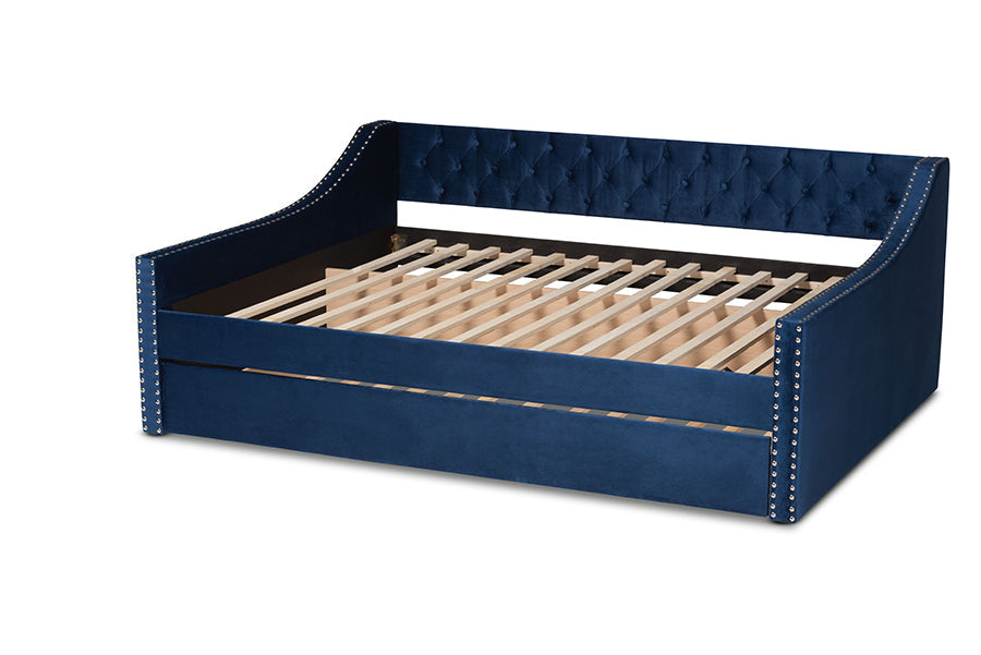 Raphael Modern and Contemporary Navy Blue Velvet Fabric Upholstered Queen Size Daybed with Trundle