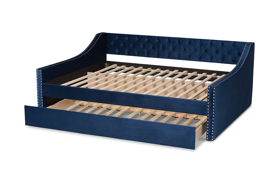 Raphael Modern and Contemporary Navy Blue Velvet Fabric Upholstered Queen Size Daybed with Trundle