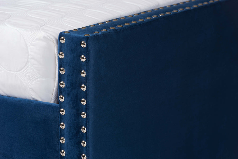 Raphael Modern and Contemporary Navy Blue Velvet Fabric Upholstered Queen Size Daybed with Trundle
