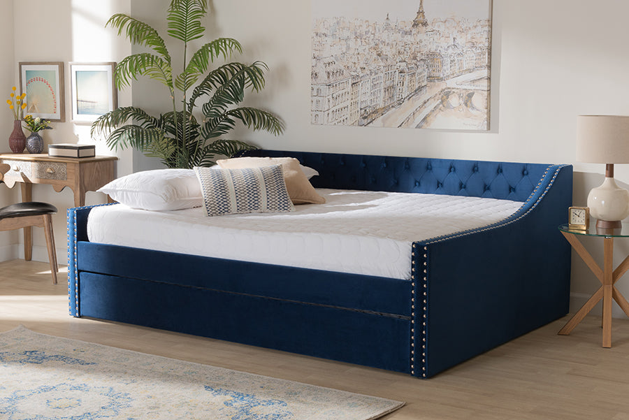 Raphael Modern and Contemporary Navy Blue Velvet Fabric Upholstered Queen Size Daybed with Trundle