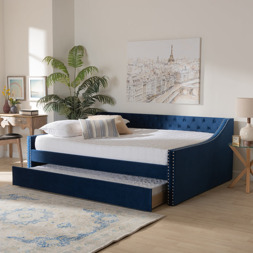 Raphael Modern and Contemporary Navy Blue Velvet Fabric Upholstered Queen Size Daybed with Trundle