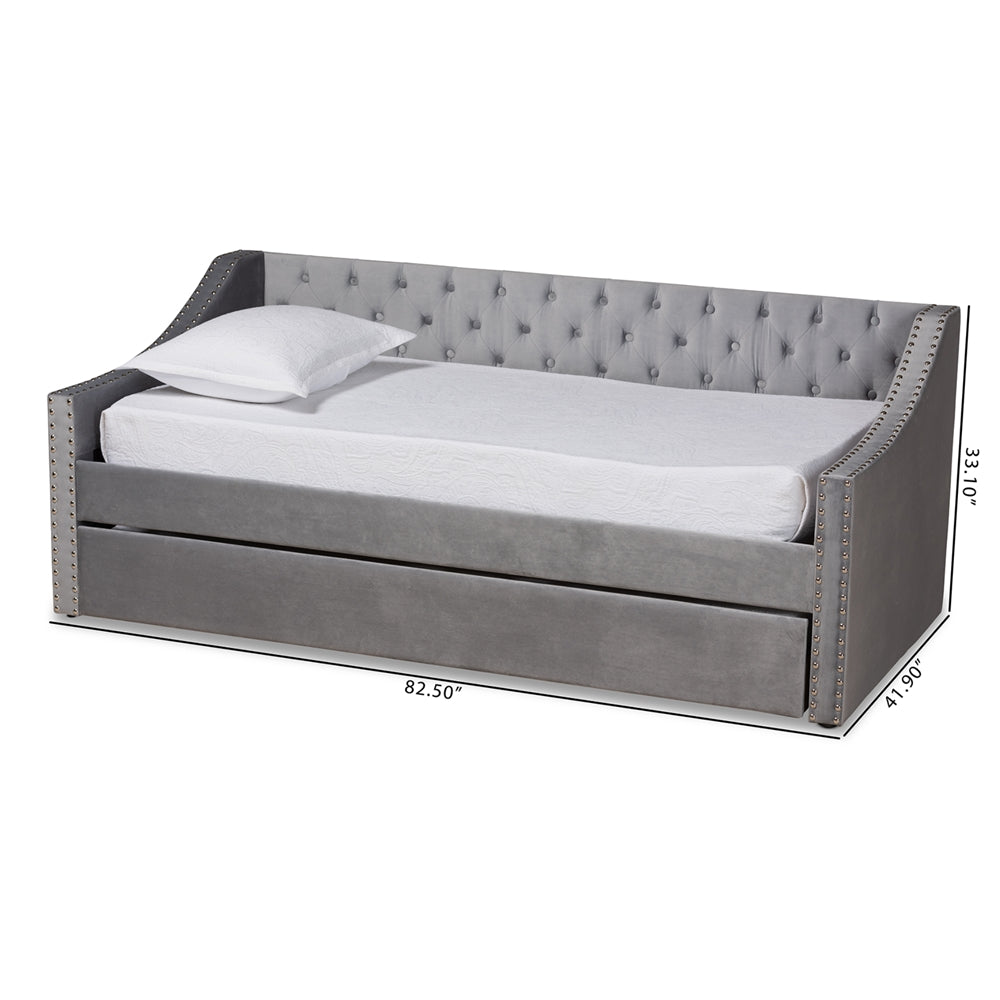 Raphael Grey Velvet Fabric Upholstered Twin Size Daybed with Trundle