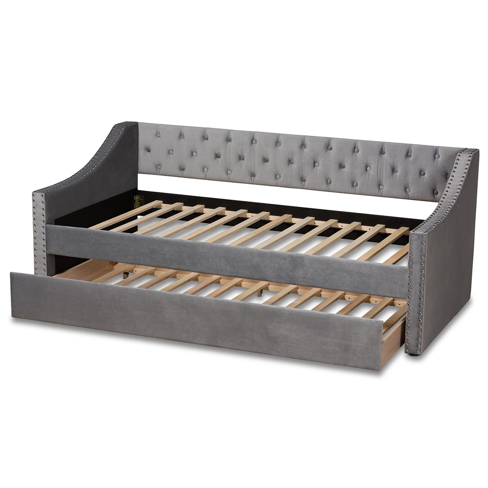 Raphael Grey Velvet Fabric Upholstered Twin Size Daybed with Trundle