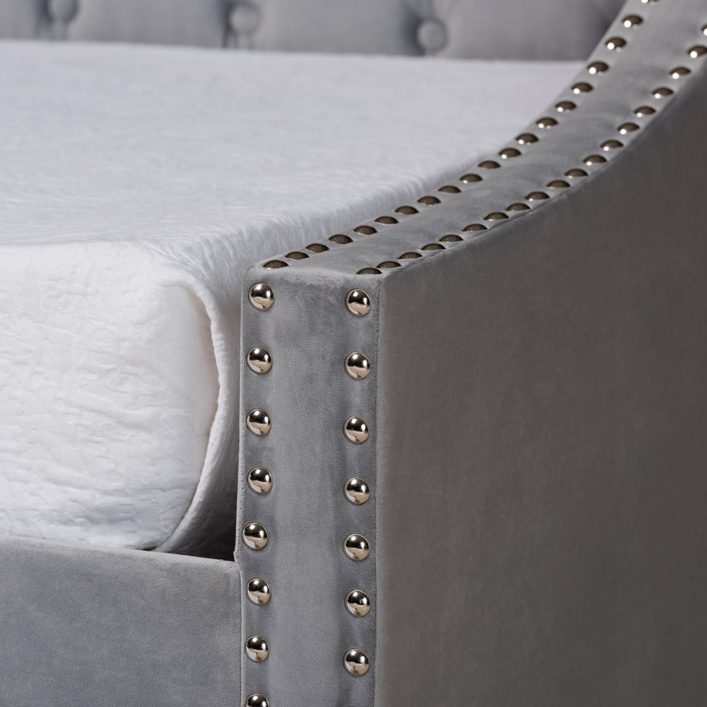 Raphael Grey Velvet Fabric Upholstered Twin Size Daybed with Trundle