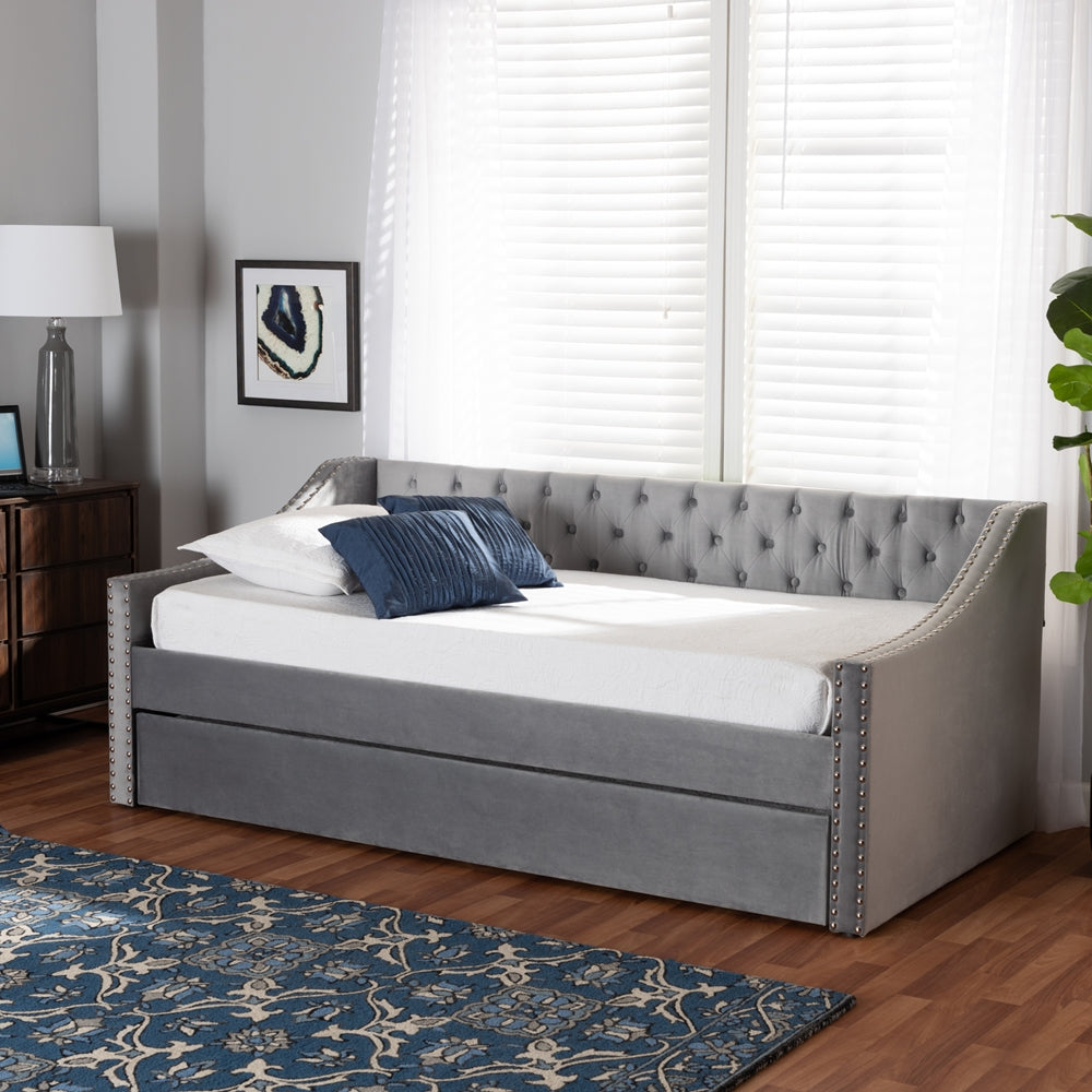 Raphael Grey Velvet Fabric Upholstered Twin Size Daybed with Trundle