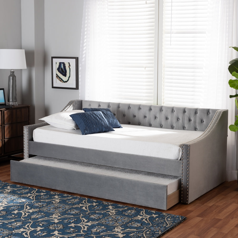 Raphael Grey Velvet Fabric Upholstered Twin Size Daybed with Trundle