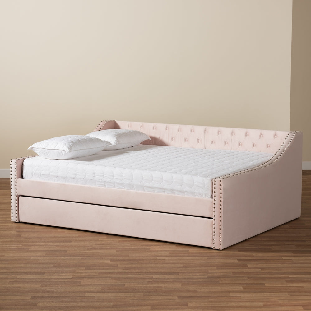 Raphael Pink Velvet Fabric Upholstered Full Size Daybed with Trundle