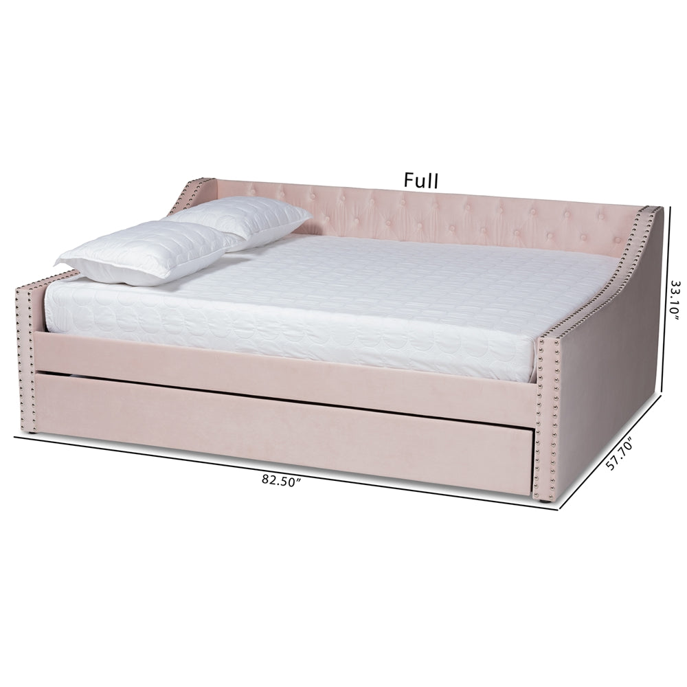 Raphael Pink Velvet Fabric Upholstered Full Size Daybed with Trundle