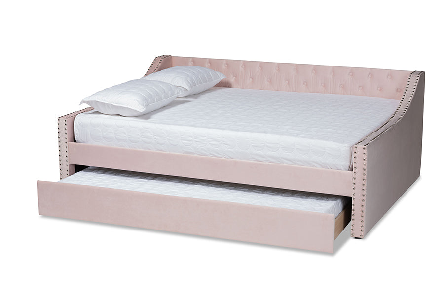 Raphael Pink Velvet Fabric Upholstered Full Size Daybed with Trundle