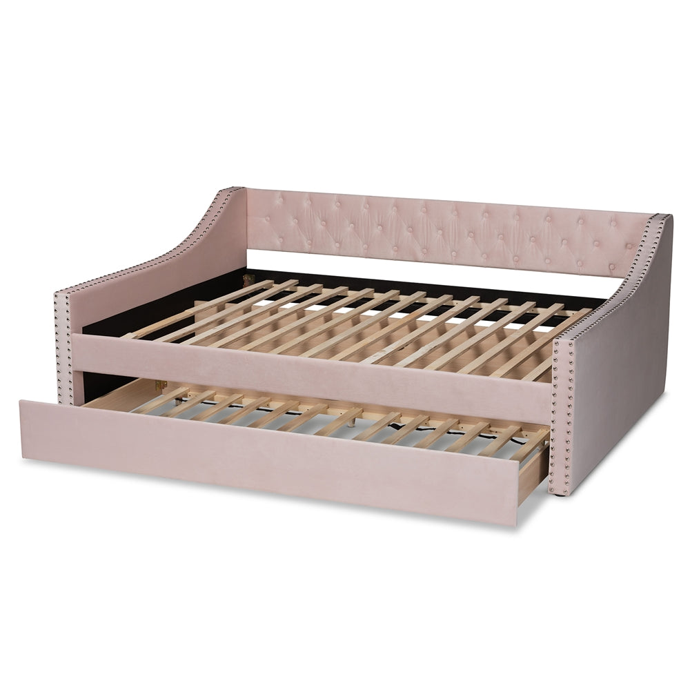 Raphael Pink Velvet Fabric Upholstered Full Size Daybed with Trundle