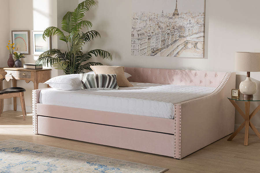 Raphael Pink Velvet Fabric Upholstered Full Size Daybed with Trundle