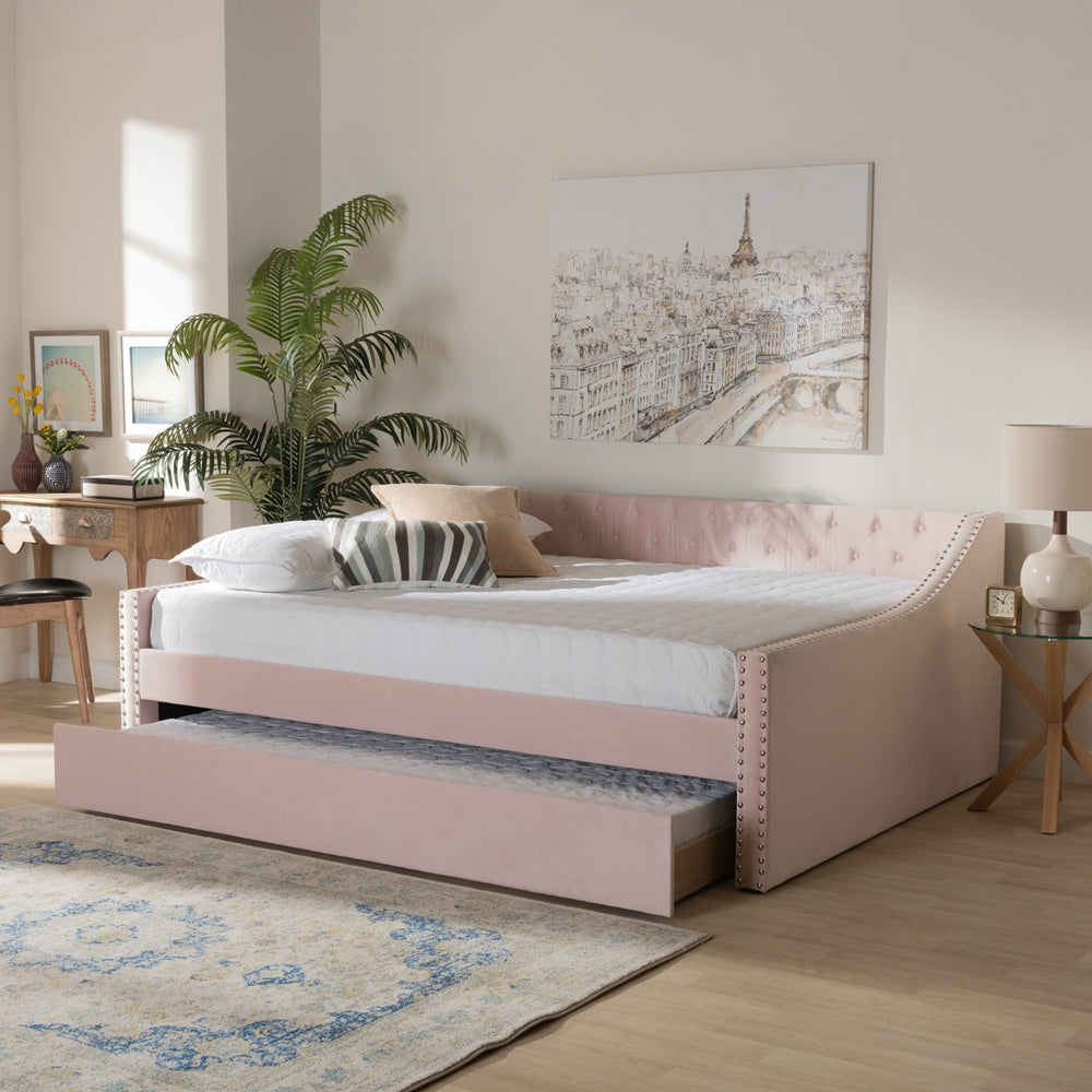 Raphael Pink Velvet Fabric Upholstered Full Size Daybed with Trundle