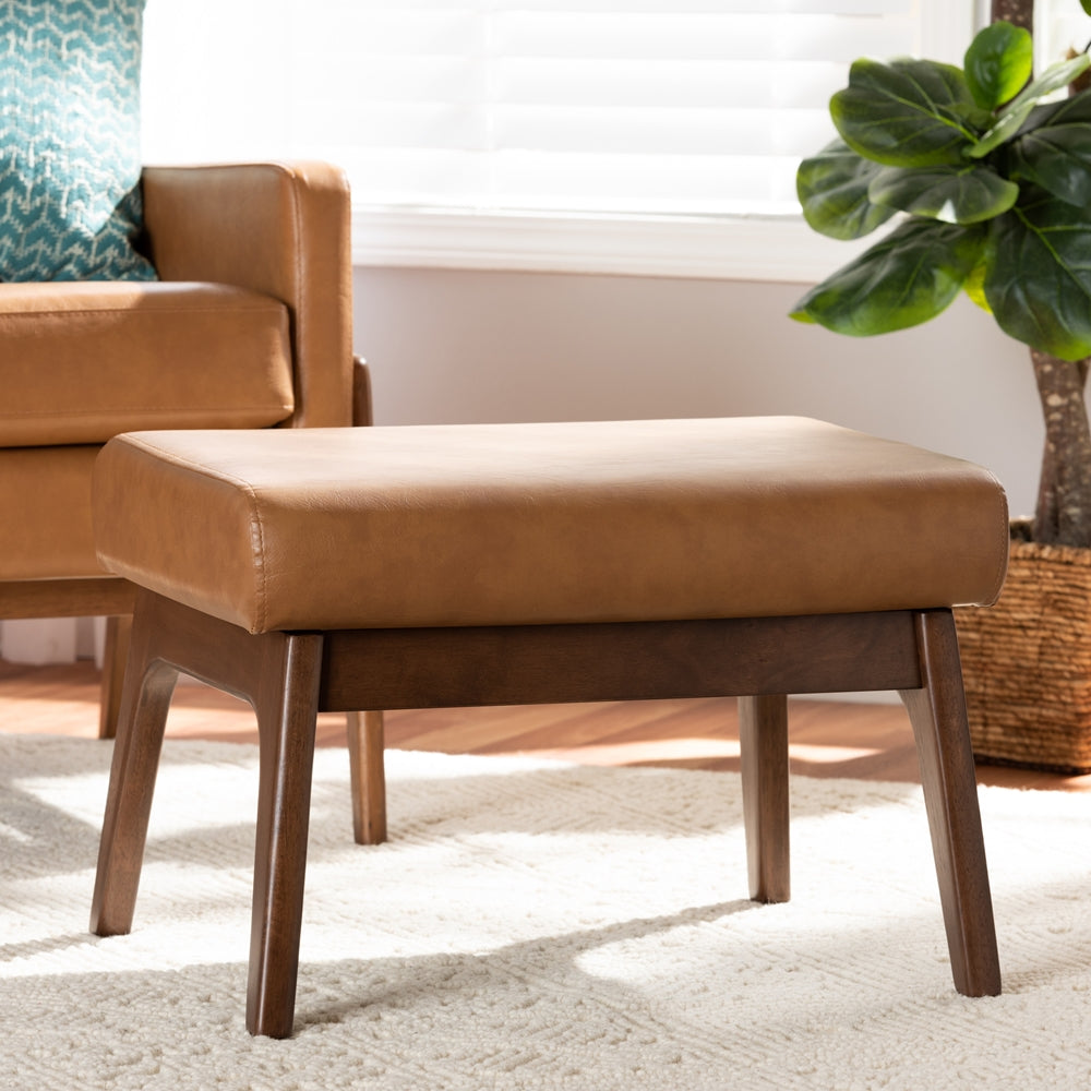 Bianca Mid-Century Modern Walnut Brown Finished Wood and Tan Faux Leather Effect Ottoman