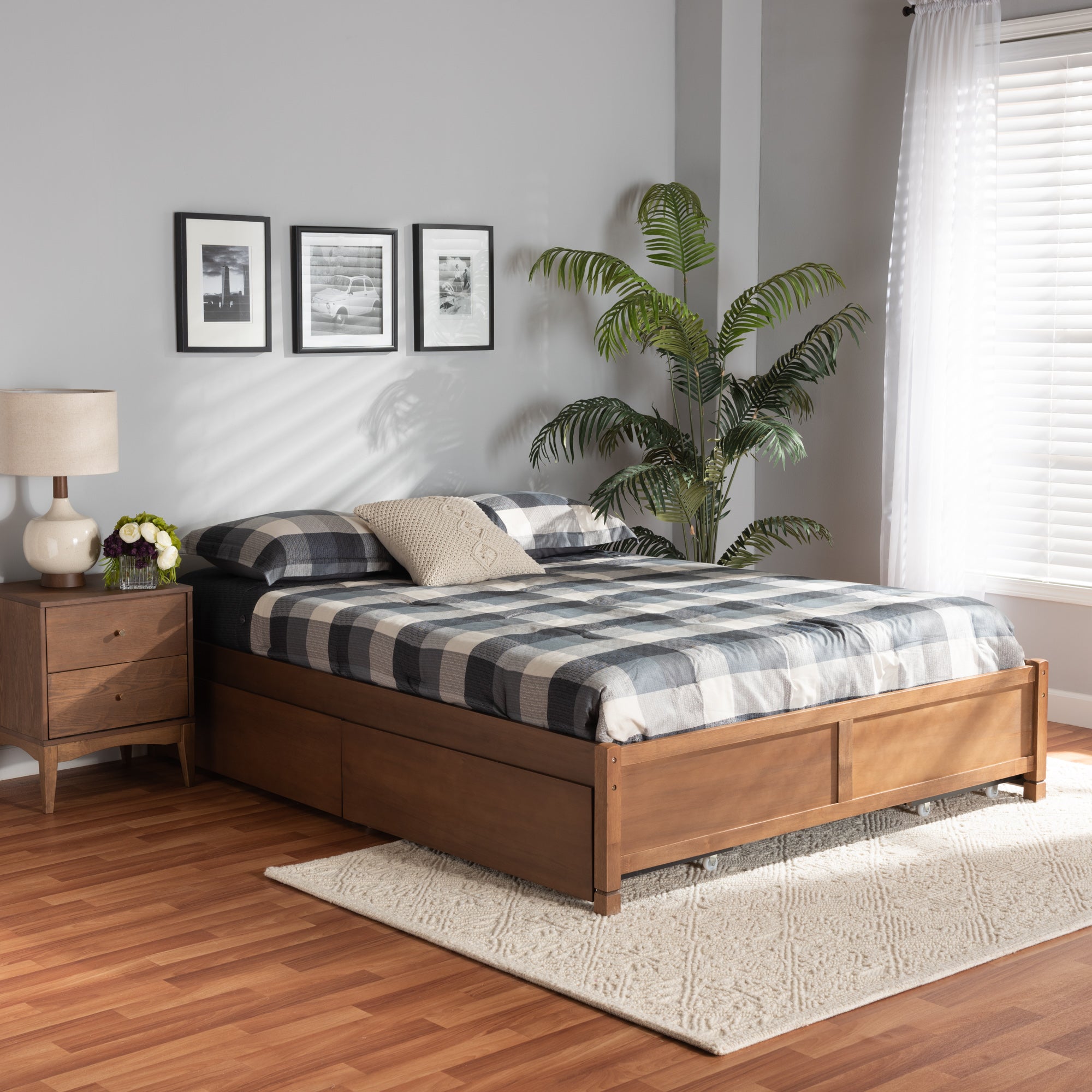 Yara Walnut Brown Finished Wood Queen Size 4-Drawer Storage Bed Frame