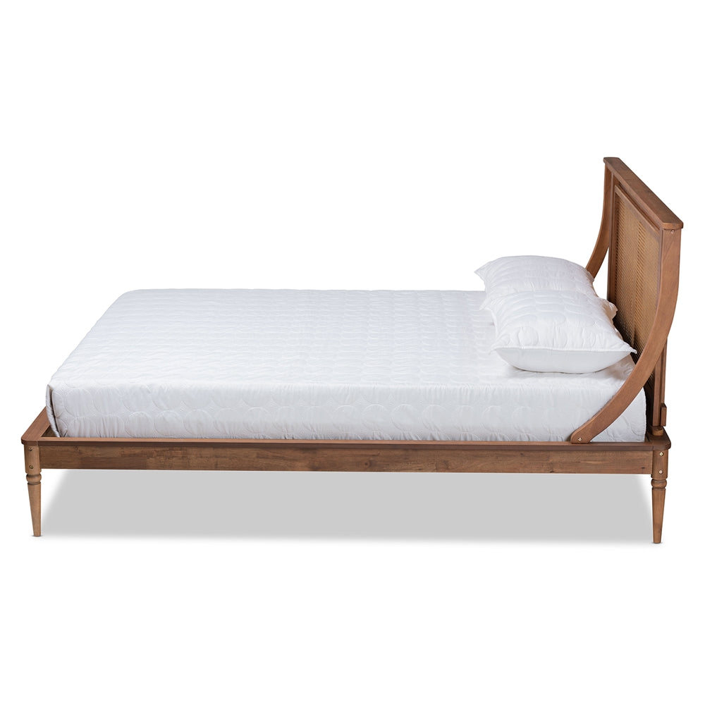 Argus Queen Wood Platform Bed – Modern Transitional Walnut Brown with Rattan Headboard