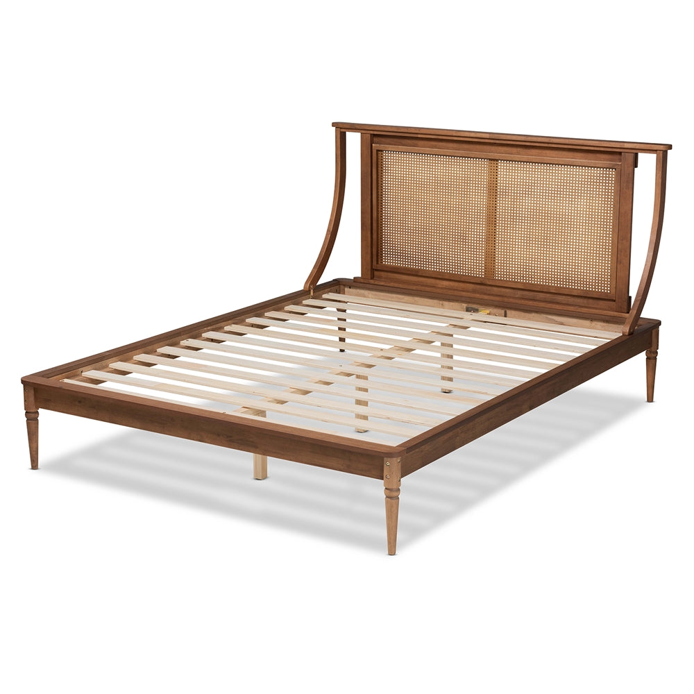 Pantin King Size Walnut Brown Wood Platform Bed – Modern Transitional with Woven Rattan Headboard