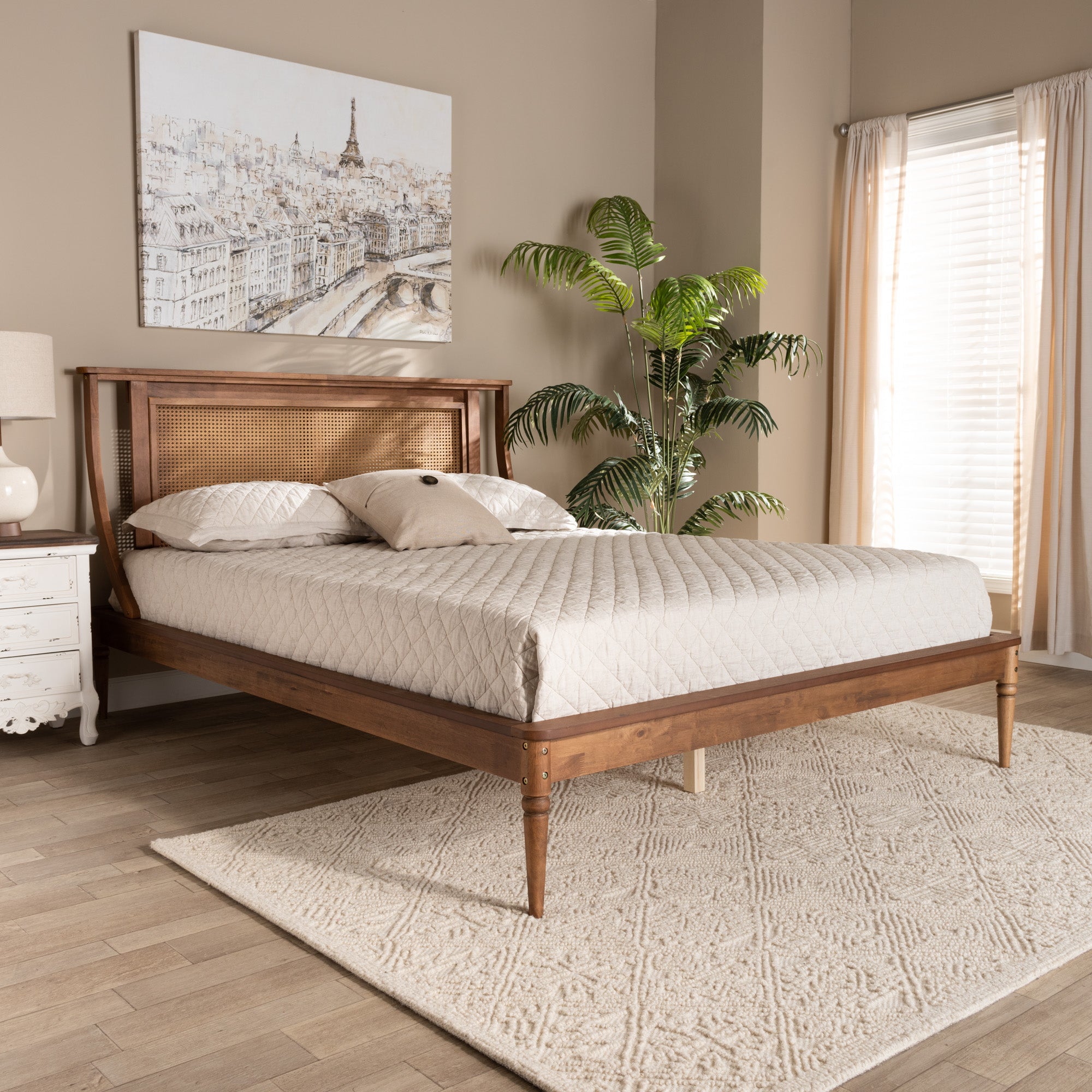 Coranado Full Size Walnut Brown Platform Bed – Modern Rattan Headboard with Wood Slats