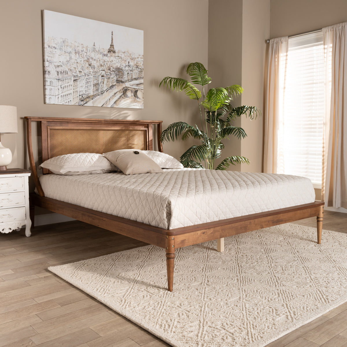 Argus Queen Wood Platform Bed Modern Transitional Walnut Brown with Rattan Headboard