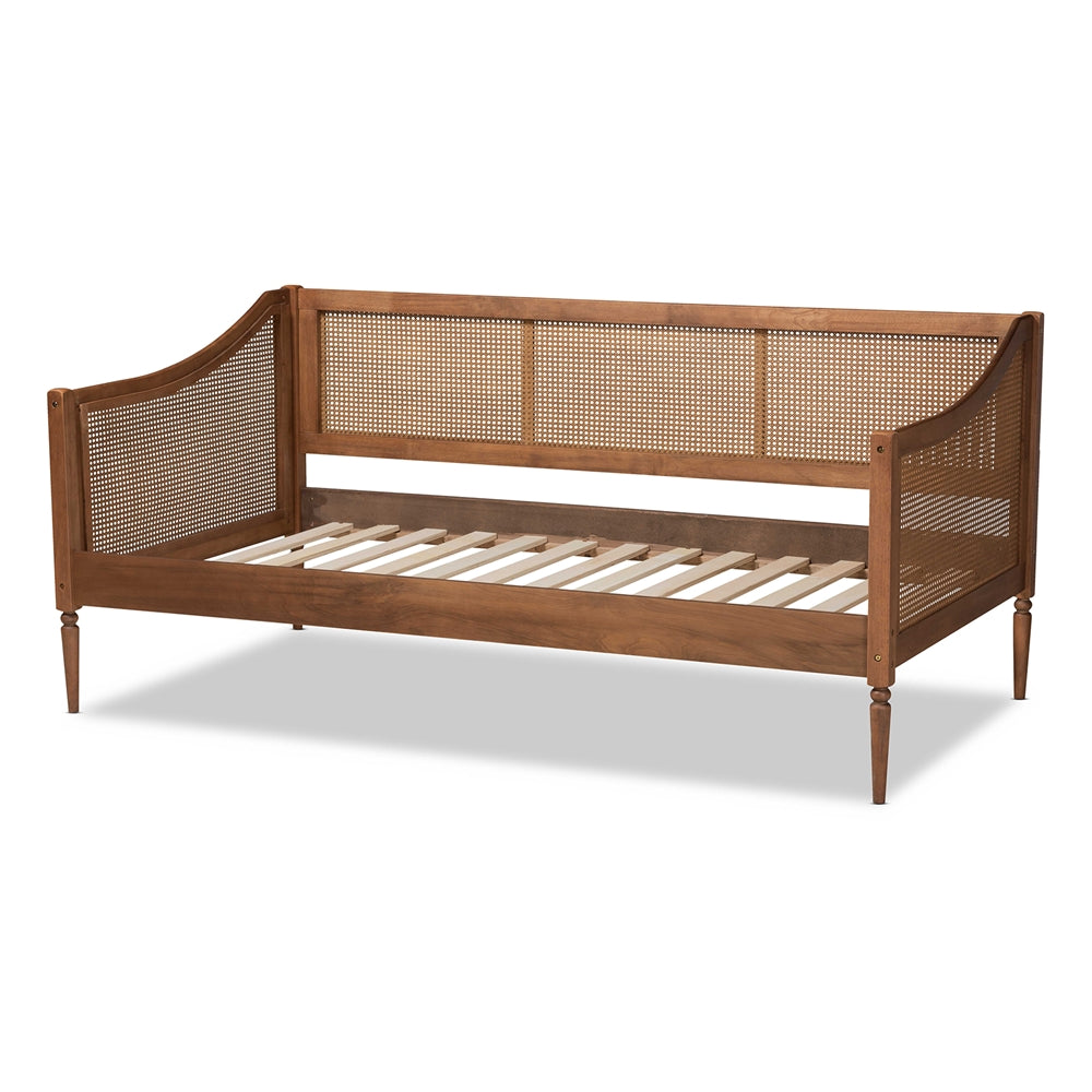 Rochadh Twin Size Walnut Wood Daybed – Ogden Mid-Century Modern Design with Rattan Accents