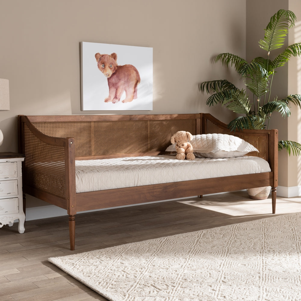 Rochadh Twin Size Walnut Wood Daybed – Ogden Mid-Century Modern Design with Rattan Accents