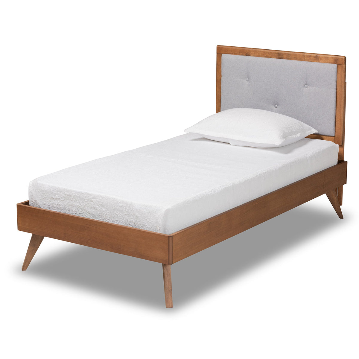 Laima Mid-Century Modern Light Grey Fabric Upholstered and Walnut Brown Finished Wood Twin Size Platform Bed