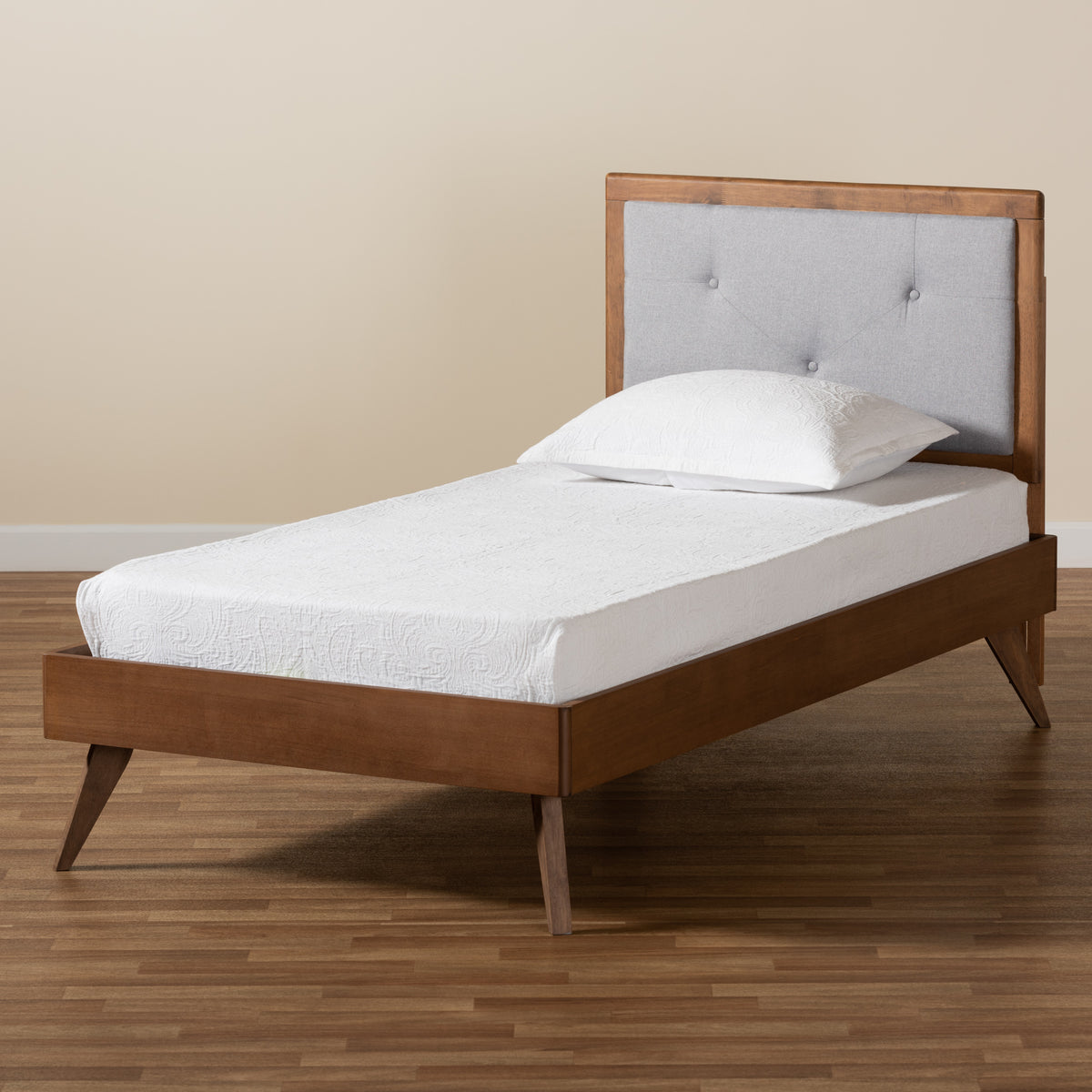 Laima Mid-Century Modern Light Grey Fabric Upholstered and Walnut Brown Finished Wood Twin Size Platform Bed