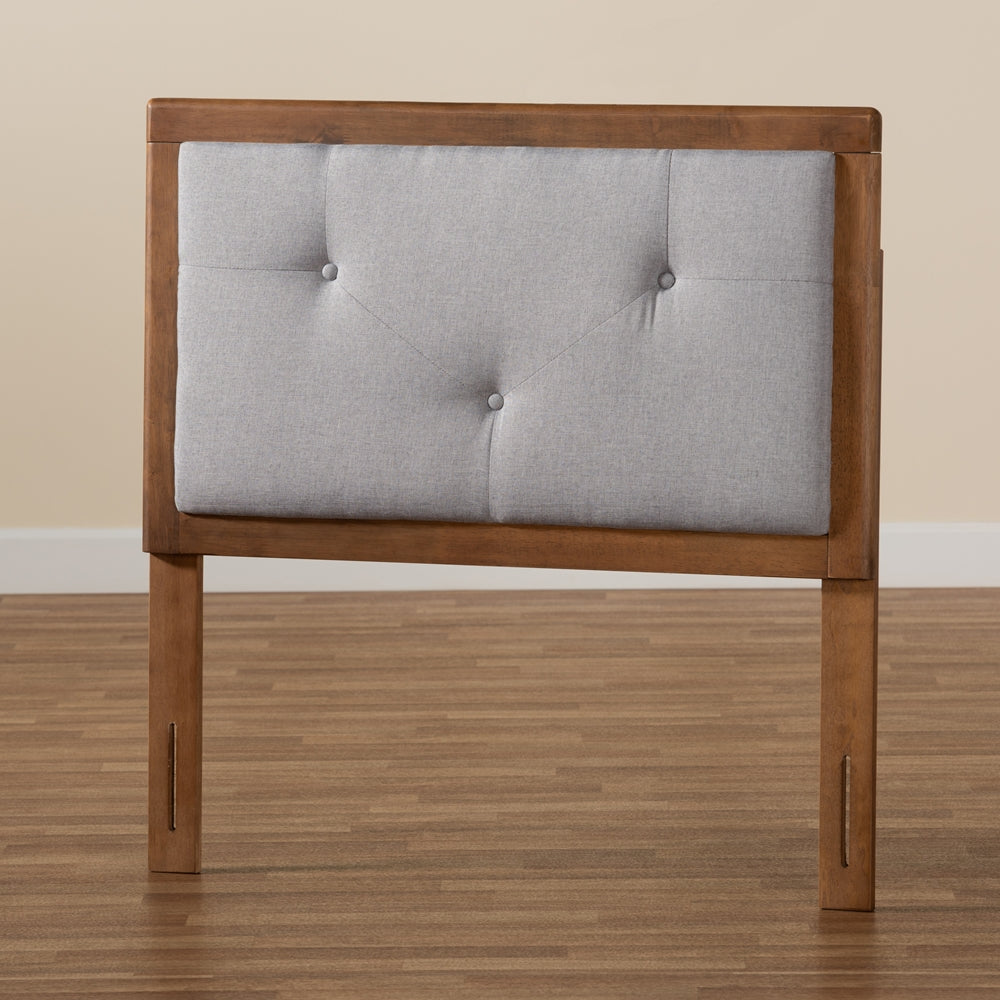 Abner Modern and Contemporary Transitional Light Grey Fabric Upholstered and Walnut Brown Finished Wood Twin Size Headboard