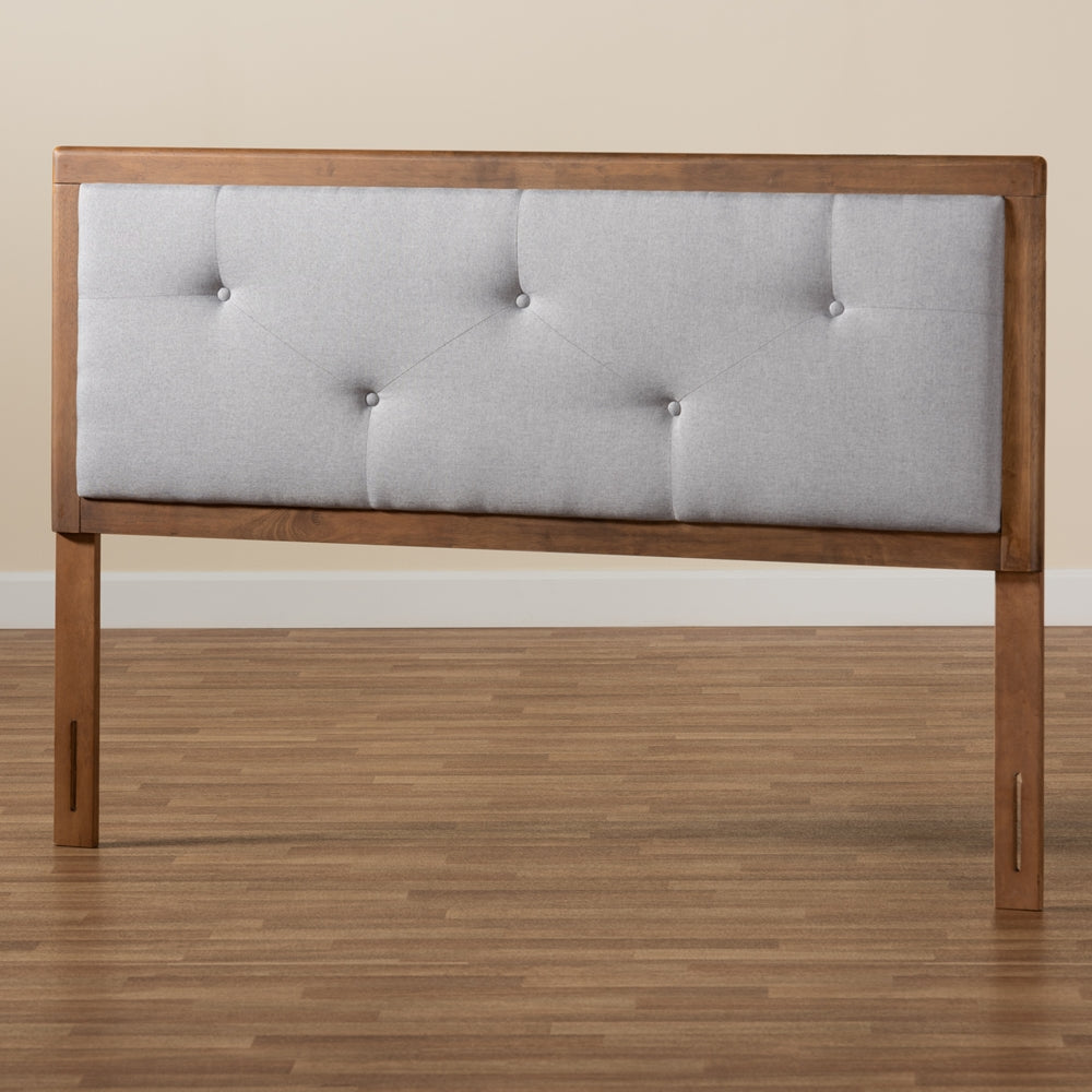 Abner Modern and Contemporary Transitional Light Grey Fabric Upholstered and Walnut Brown Finished Wood King Size Headboard