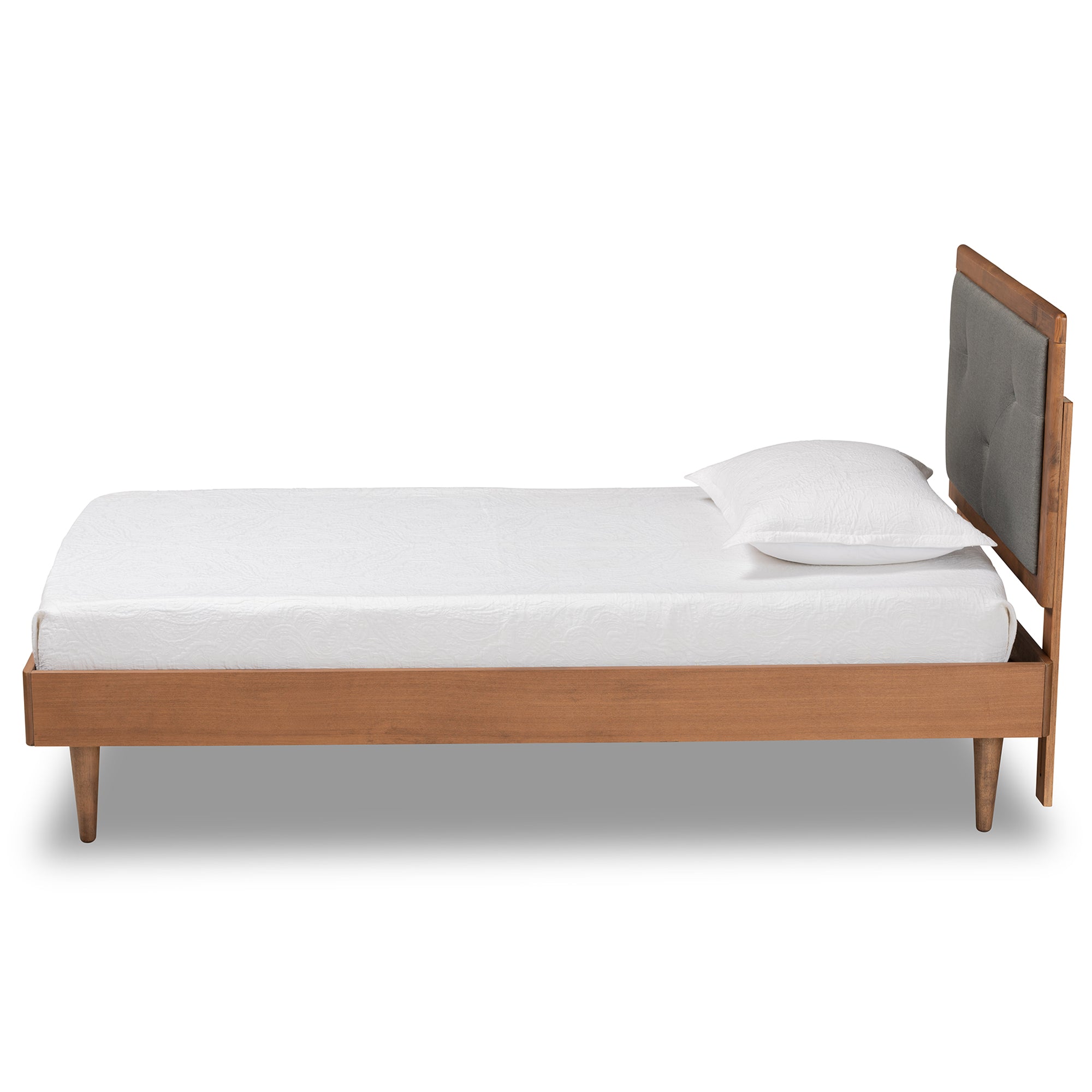 Saul Mid-Century Modern Dark Grey Fabric Upholstered and Walnut Brown Finished Wood Twin Size Platform Bed