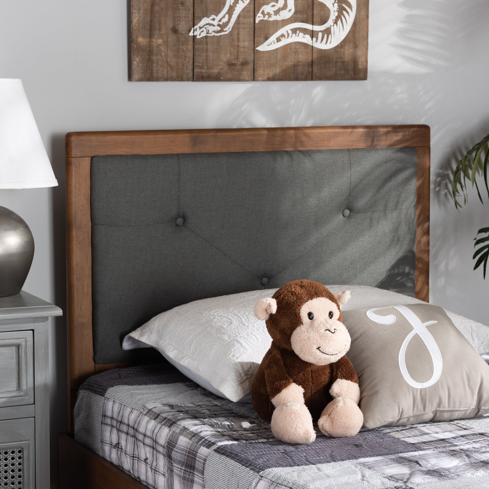 Abner Modern and Contemporary Transitional Dark Grey Fabric Upholstered and Walnut Brown Finished Wood Twin Size Headboard