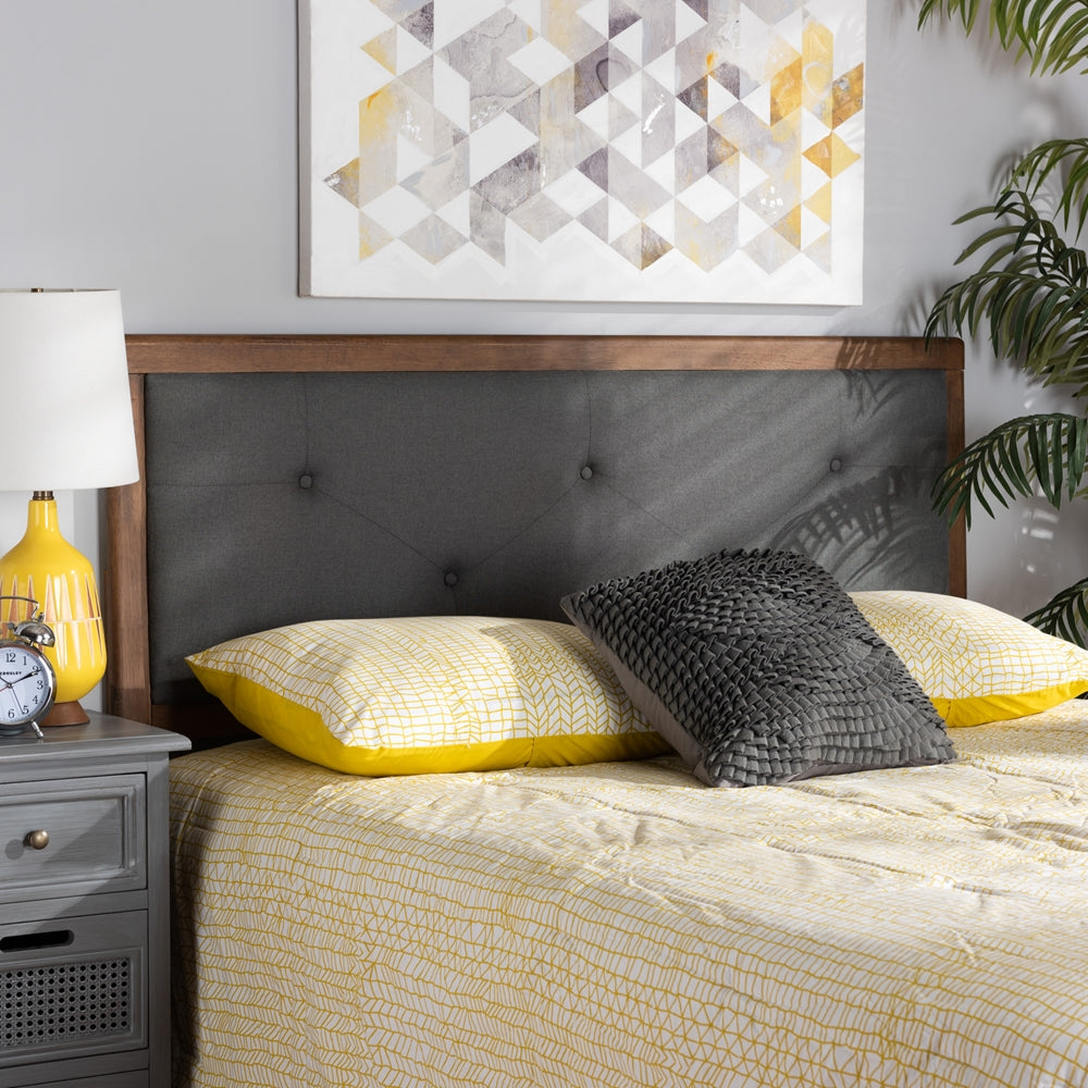 Abner Modern and Contemporary Transitional Dark Grey Fabric Upholstered and Walnut Brown Finished Wood Queen Size Headboard
