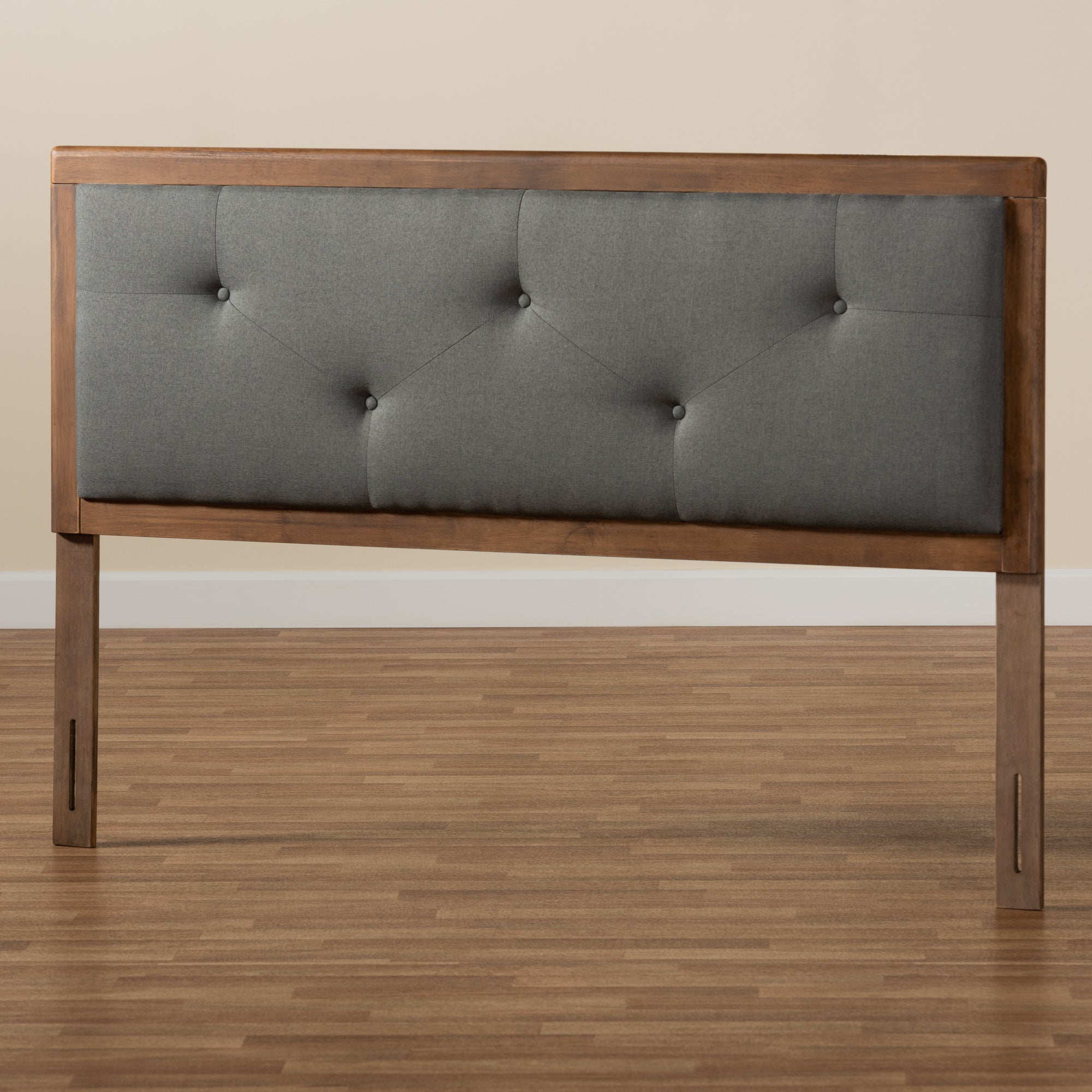 Abner Modern and Contemporary Transitional Dark Grey Fabric Upholstered and Walnut Brown Finished Wood Queen Size Headboard