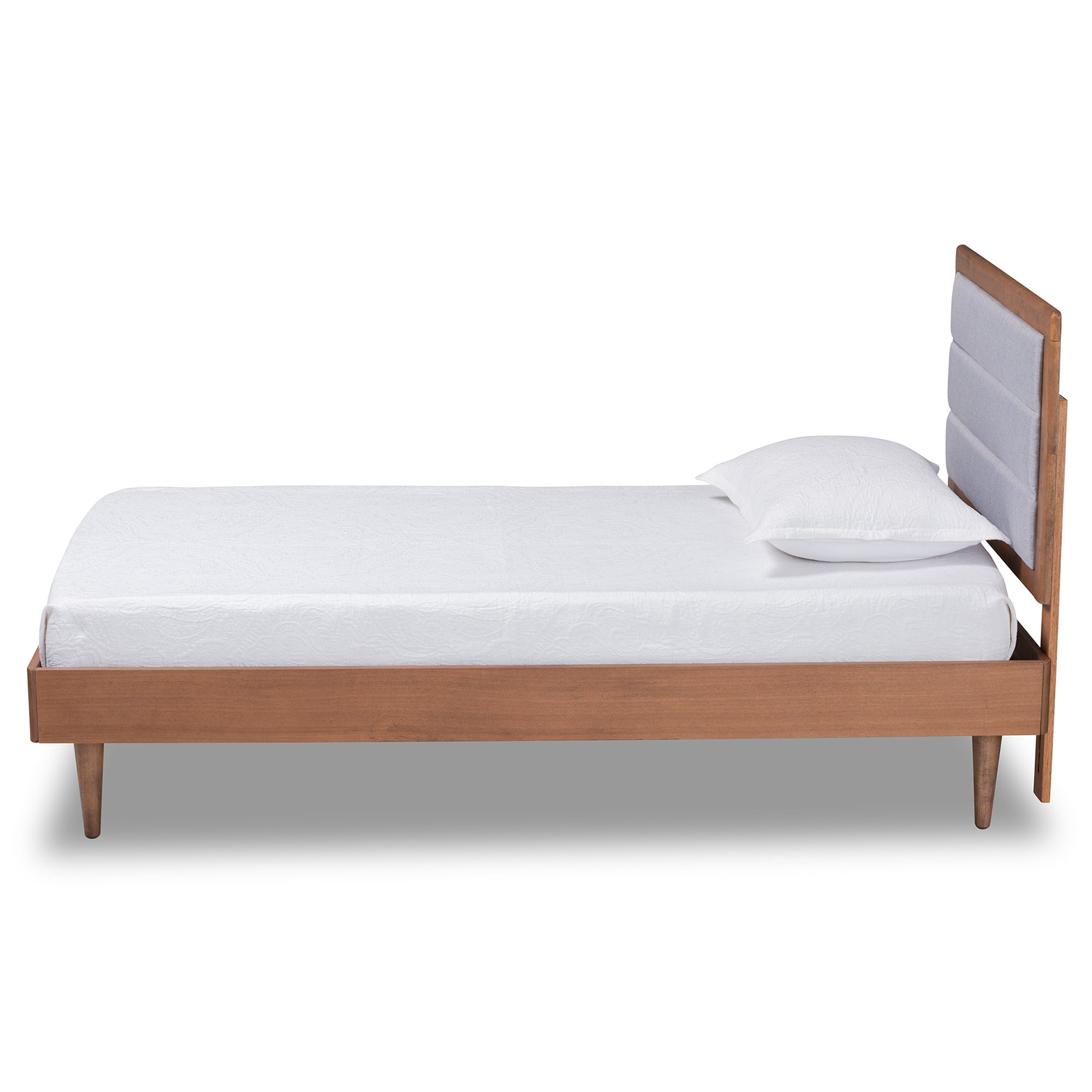 Seren Mid-Century Modern Light Grey Fabric Upholstered and Walnut Brown Finished Wood Twin Size Platform Bed