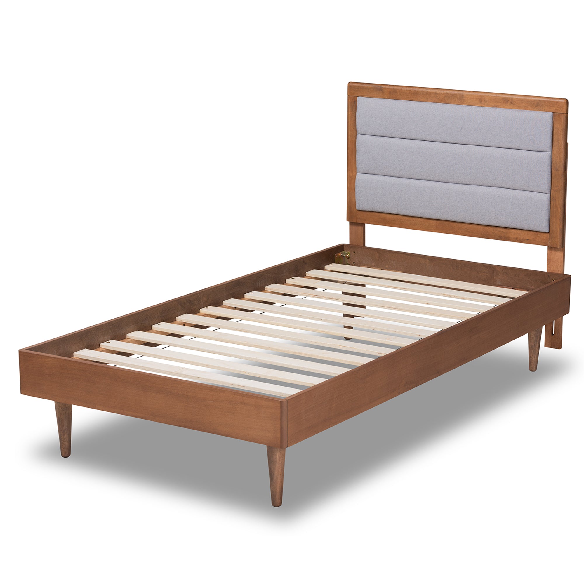 Seren Mid-Century Modern Light Grey Fabric Upholstered and Walnut Brown Finished Wood Twin Size Platform Bed