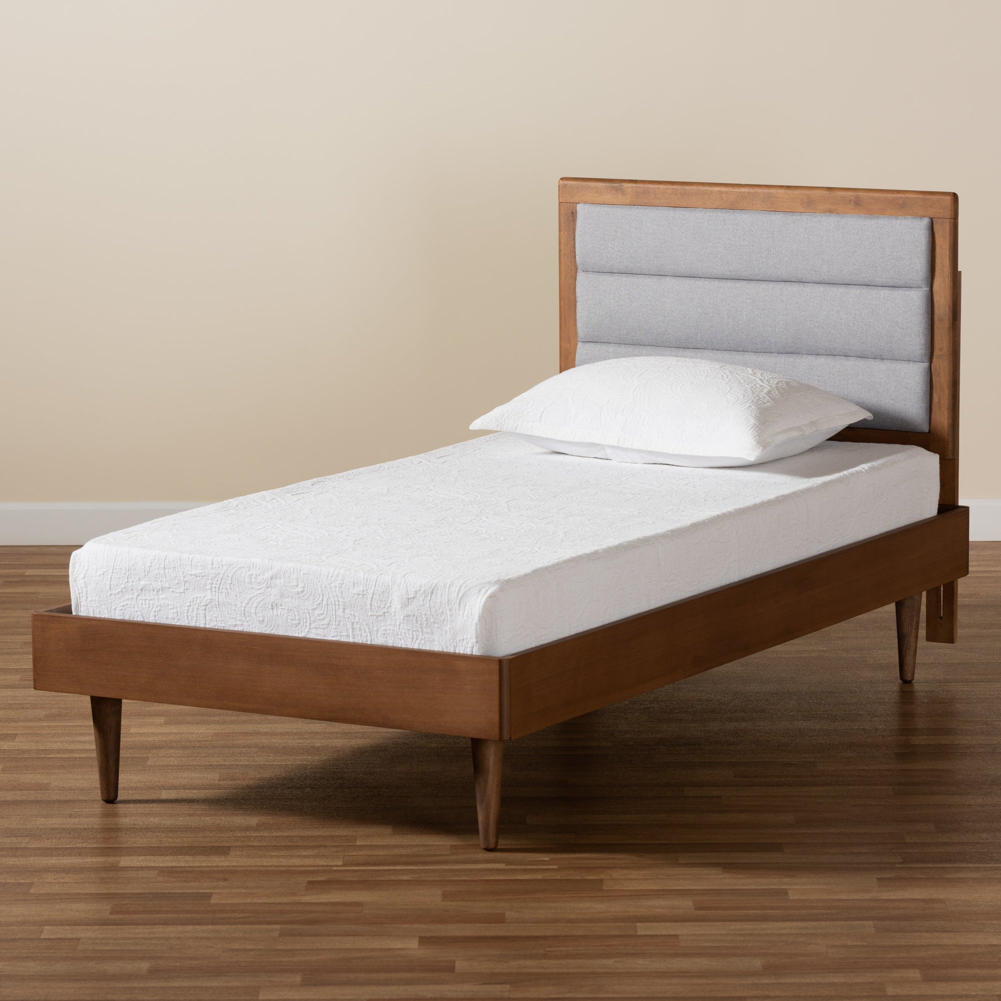 Seren Mid-Century Modern Light Grey Fabric Upholstered and Walnut Brown Finished Wood Twin Size Platform Bed