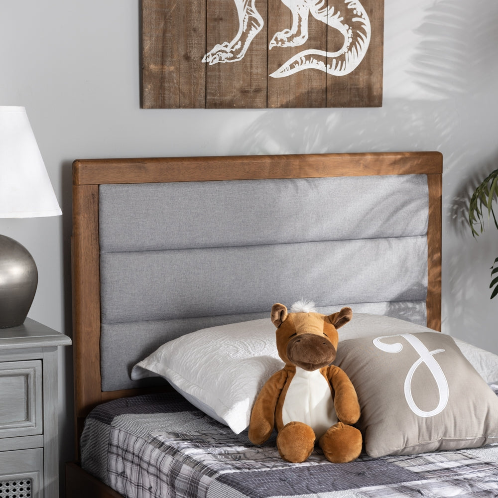 Dexter Modern and Contemporary Light Grey Fabric Upholstered and Walnut Brown Finished Wood Twin Size Headboard