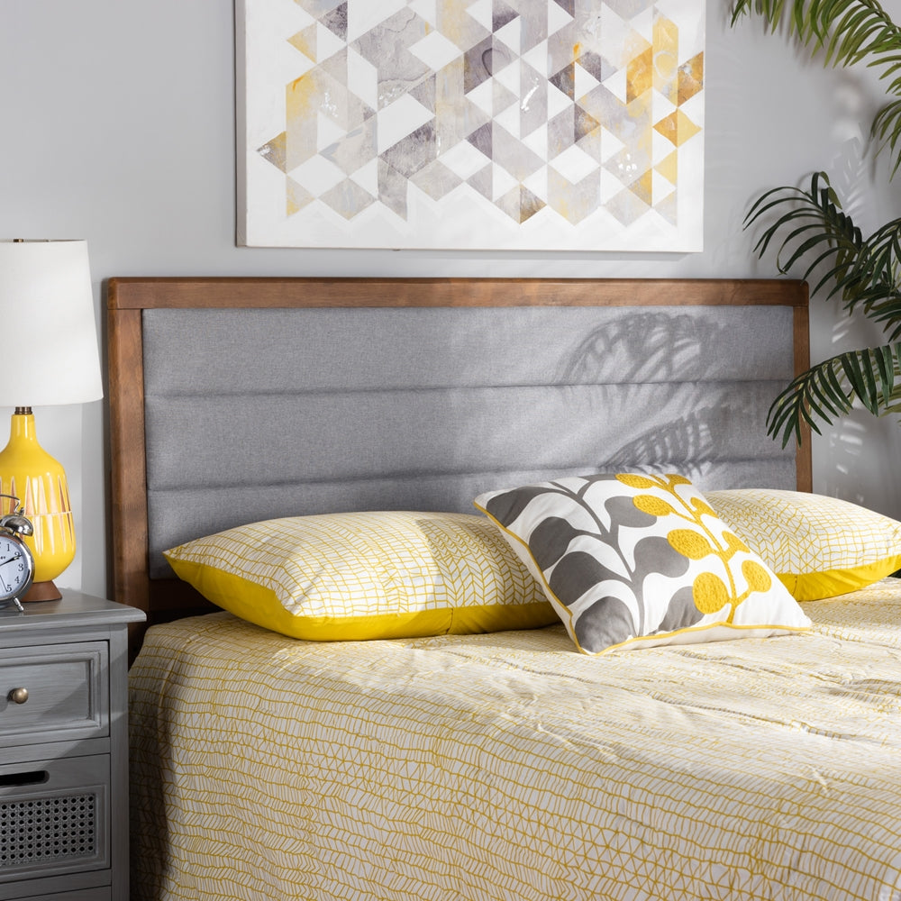 Dexter Modern and Contemporary Light Grey Fabric Upholstered and Walnut Brown Finished Wood King Size Headboard