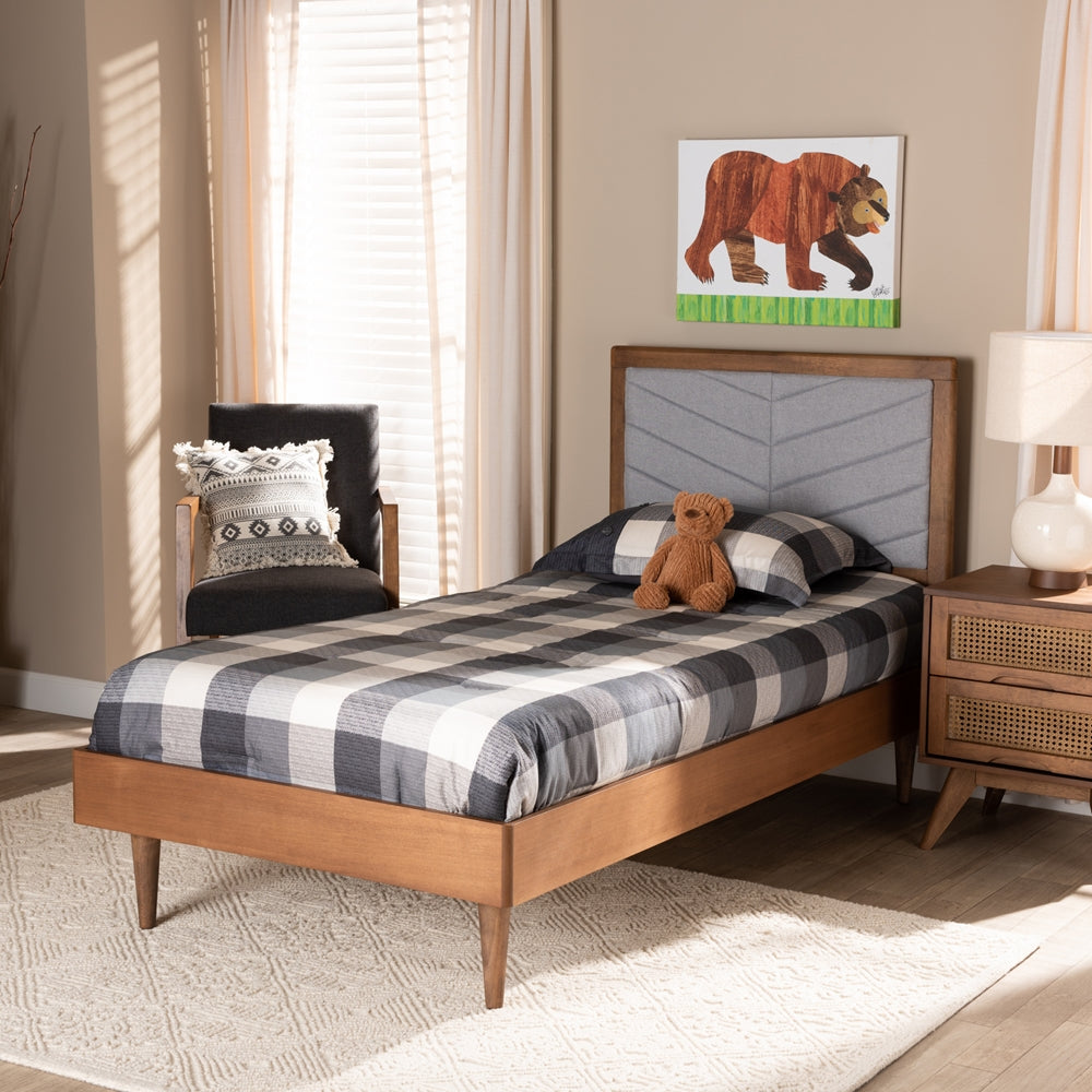 Tasha Light Grey Fabric And Walnut Brown Finished Wood Twin Size Bed