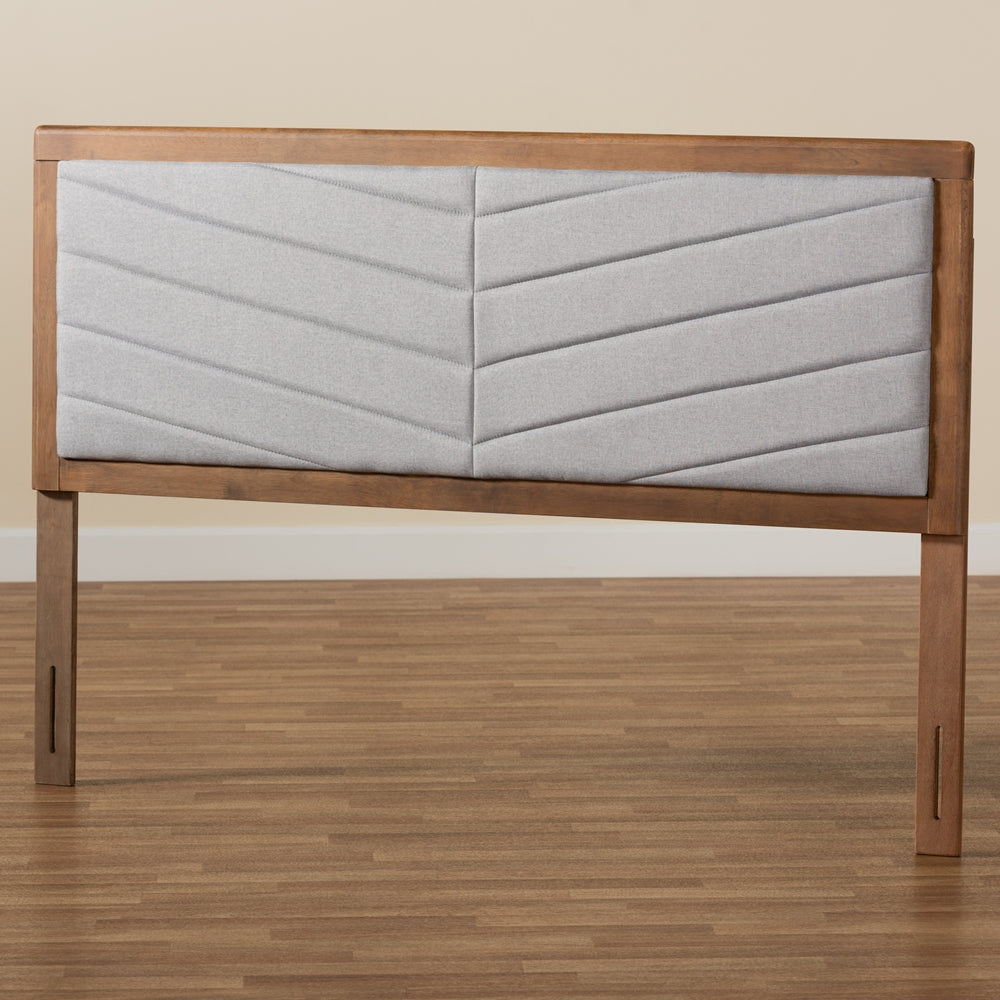 Iden Modern and Contemporary Light Grey Fabric Upholstered and Walnut Brown Finished Wood Queen Size Headboard